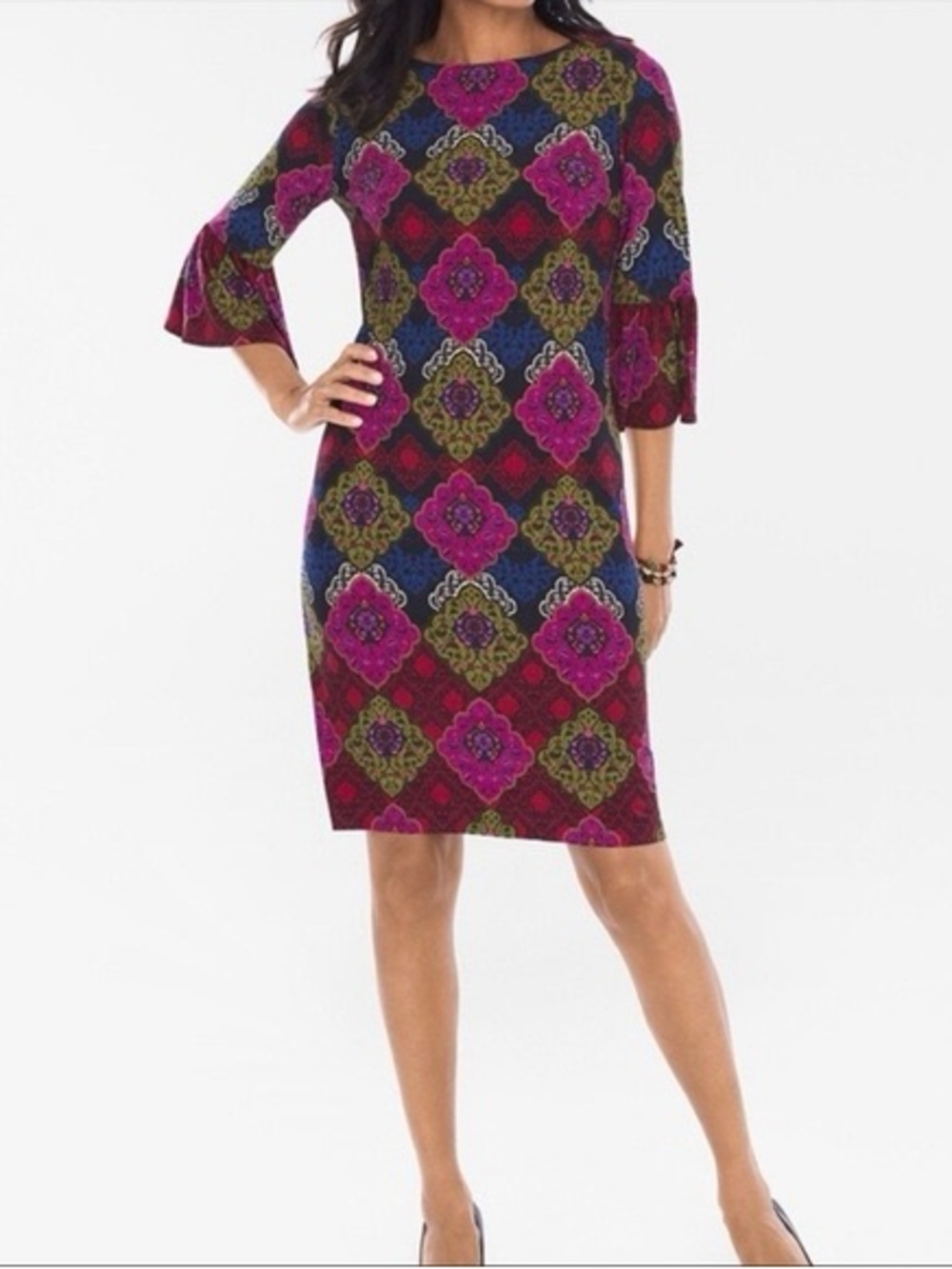 Chico’s Medallion Print Bell Sleeve Shift Dress Size 0 Boho Jewel Tone
